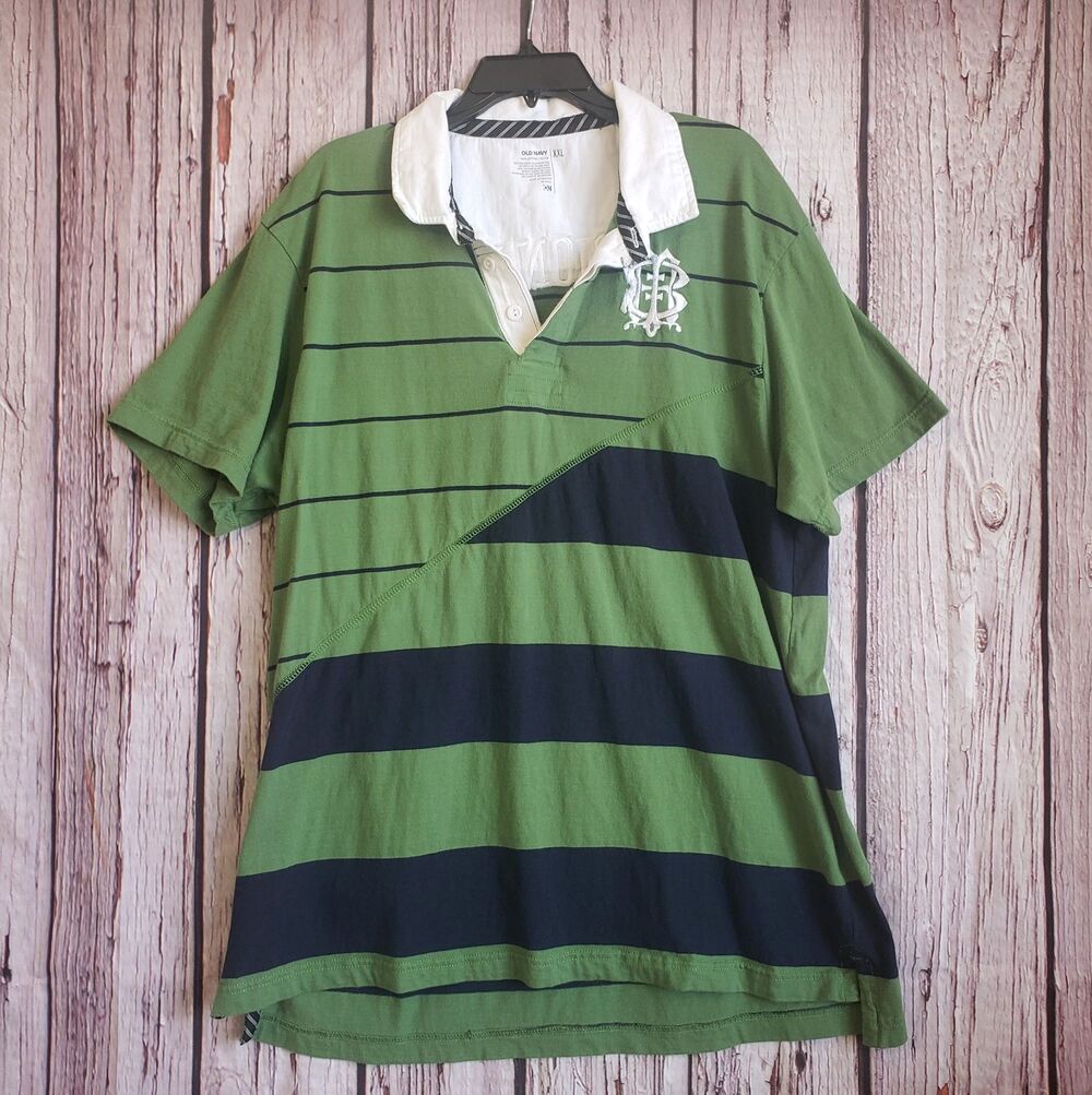 Old Navy Rugby Green Navy Striped XXL Shirt Cotton Mens Mission Bay Embroidered